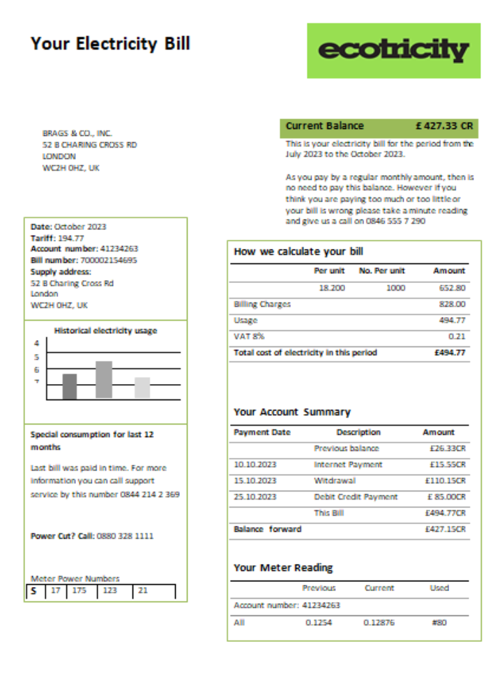 Ecotricity electricity utility business bill,  SCR PSD template